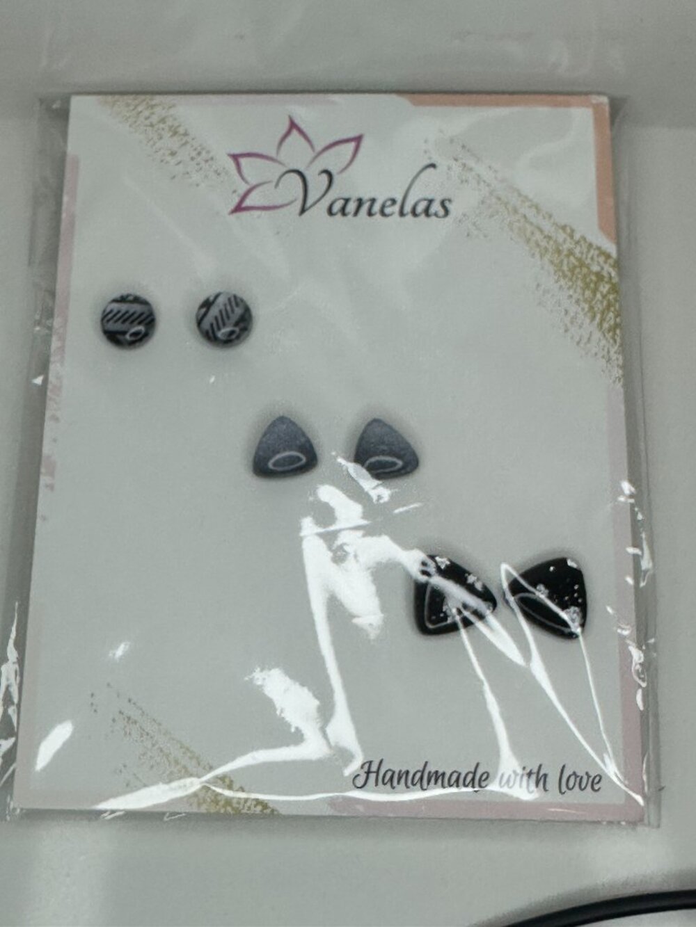 Handmade Stud Earrings Set of 3 Black Silver Geometric